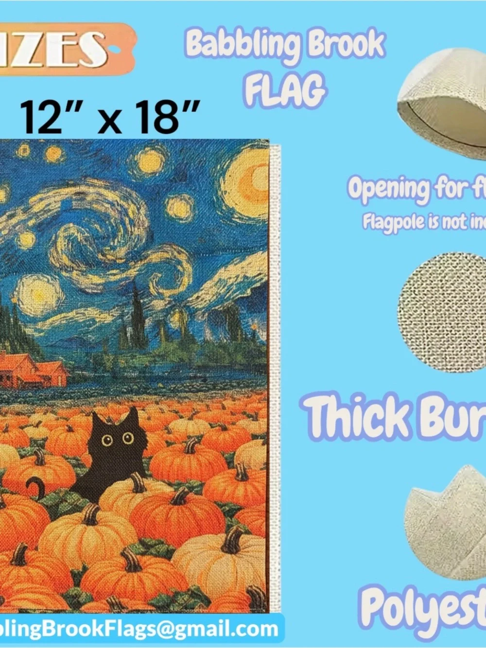 Garden Flag, Starry Night Black Cat Pumpkin, 12”x18”, Burlap double-sided